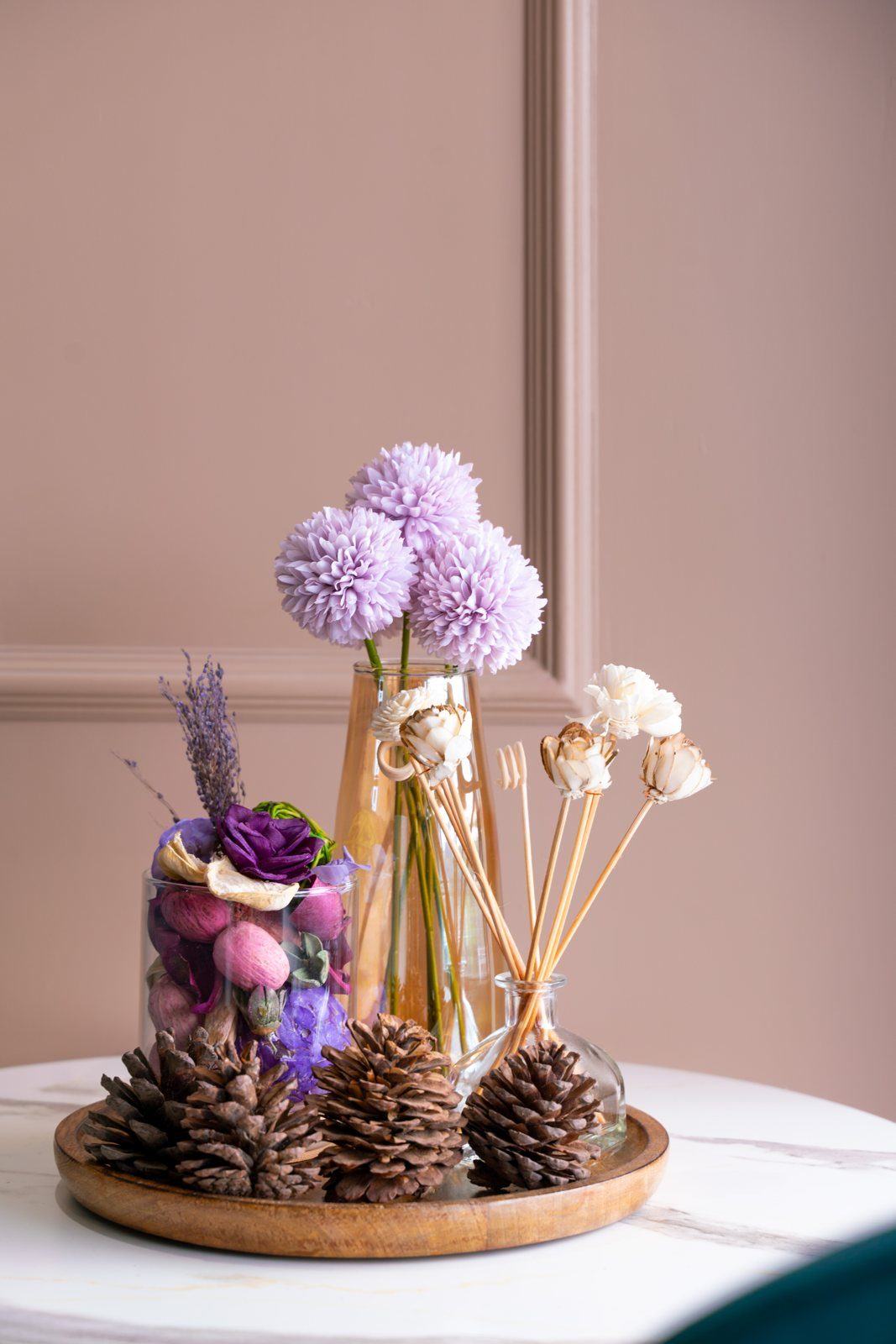 Decorative tray and flowers on an interior table