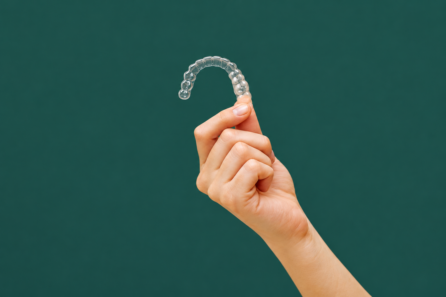 Clear dental aligner held in a hand — stock photograph